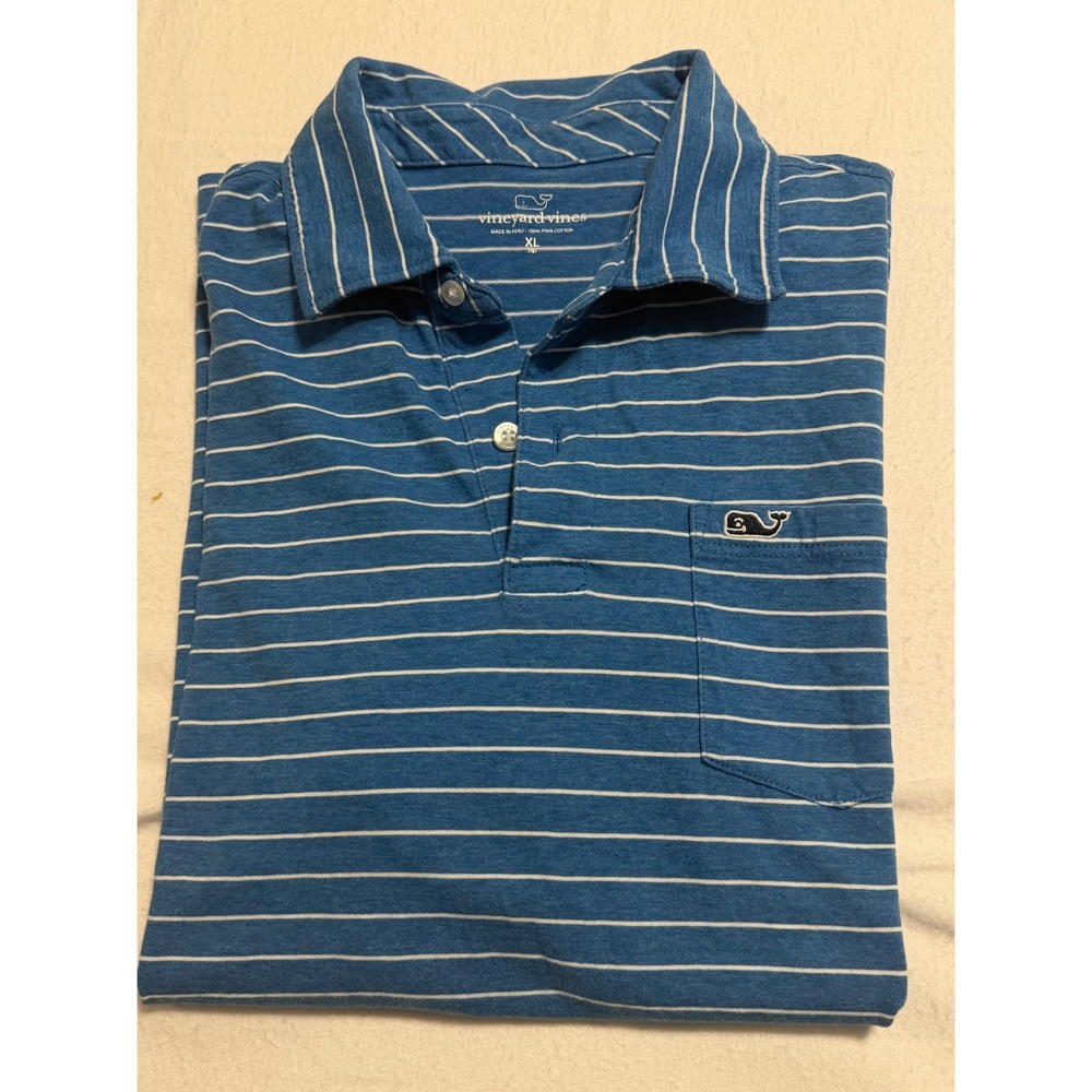 Vineyard Vines Boys XL 18 Blue White Striped Pima Cotton Polo Shirt Whale Logo